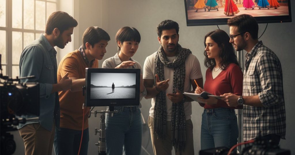 Film students from around the world discussing diverse cinematography aesthetics in a film course