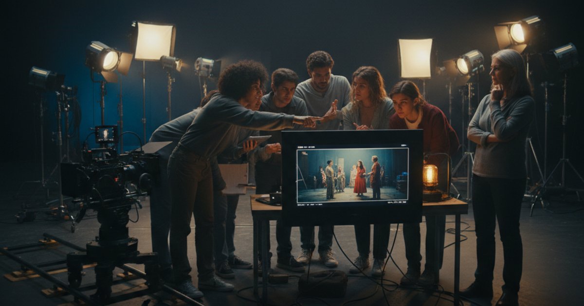 Film students and professor discussing a scene on set, highlighting critical thinking in cinematography courses.