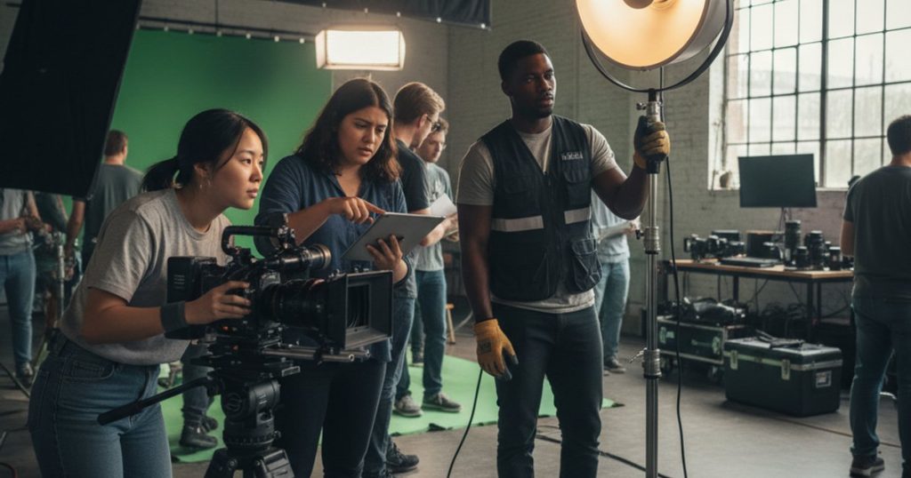 Students in a film course collaborating on a set, learning practical cinematography skills