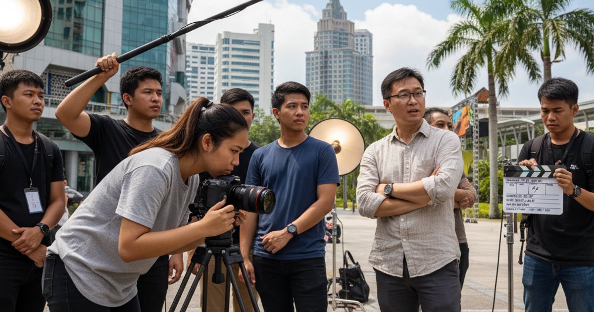 Video production school students collaborating with professionals on a film set in Malaysia