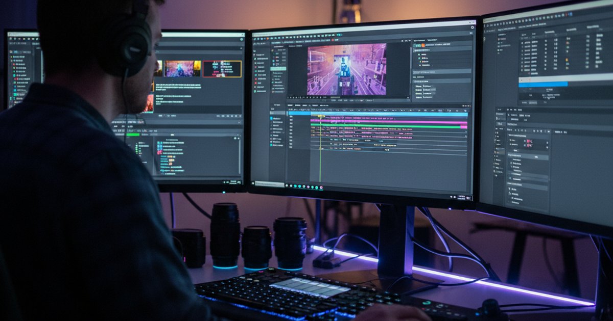 Person editing video footage in a home studio, demonstrating self-directed video production school learning