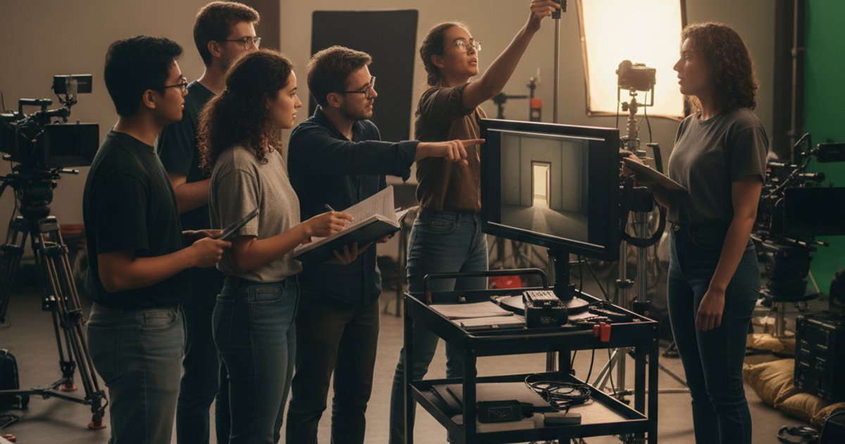Film course students collaborating on a set, discussing cinematography and problem-solving