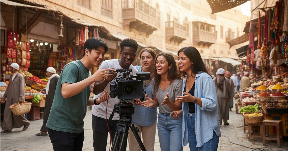 Diverse film students discussing cinematography techniques in a global setting