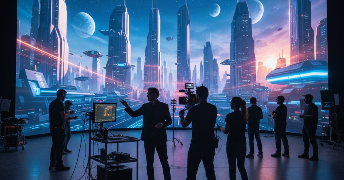 A film crew working on a virtual production set with a large LED screen, illustrating advanced video production school training.