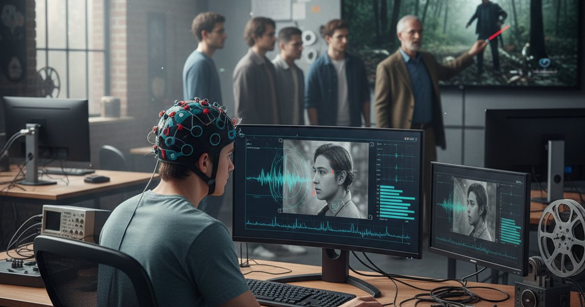 Film course student analyzing brain responses with EEG cap, integrating neuro-cinematography into their studies.