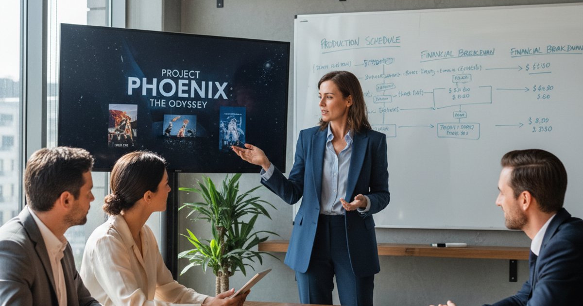 Filmmaker pitching a project to investors, demonstrating business acumen learned in film course