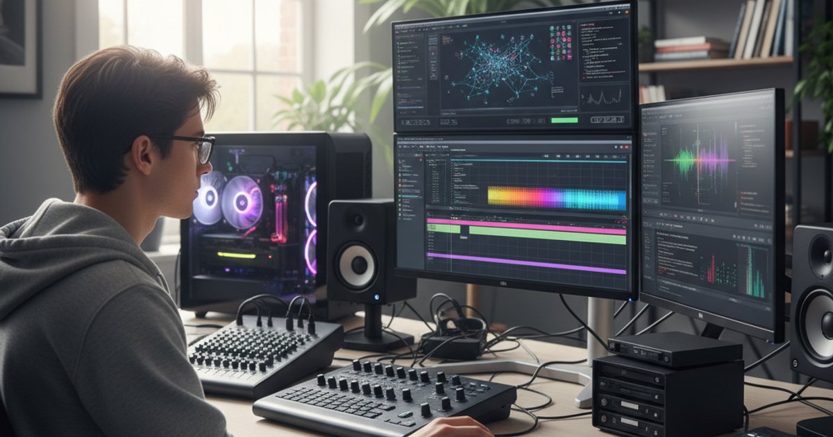 AI-enhanced video production studio with advanced editing software and multiple screens