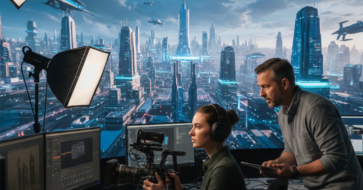 Student learning virtual camera operation in a cinematography course, using an LED volume for real-time environment display.