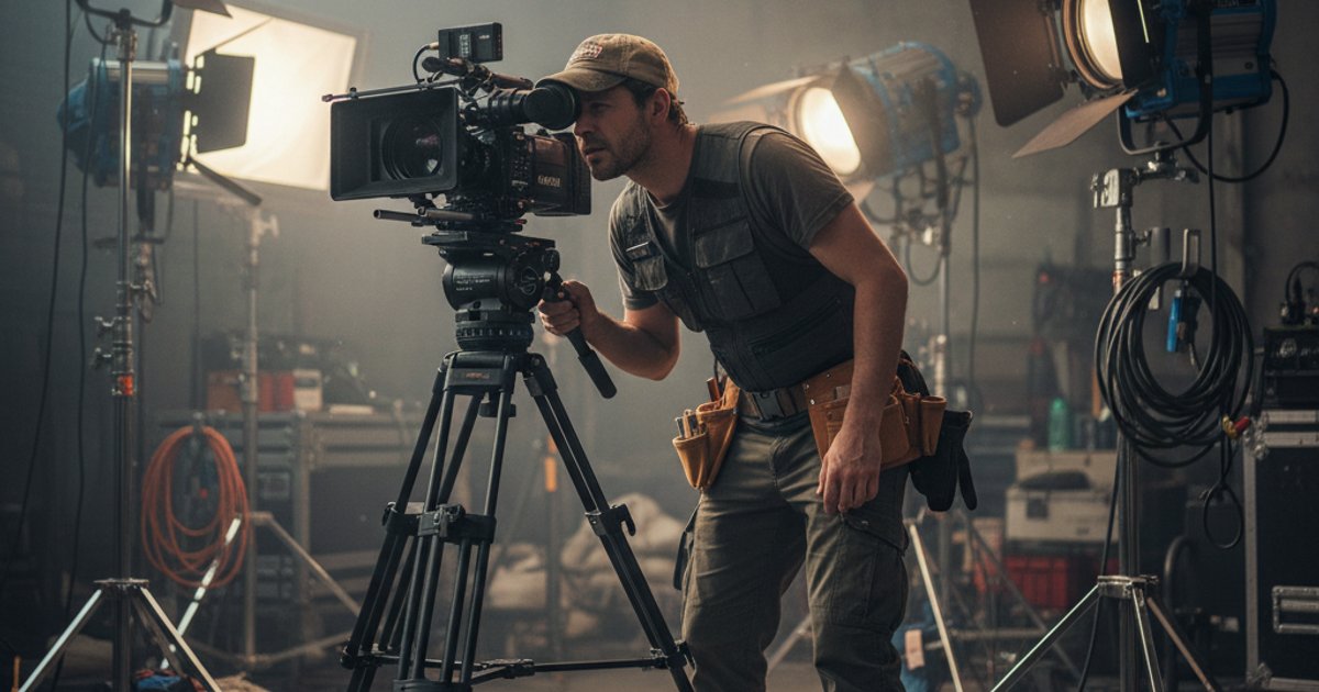 Cinematographer operating a professional cinema camera on a dimly lit film set, surrounded by high-end film course gear and lighting equipment.