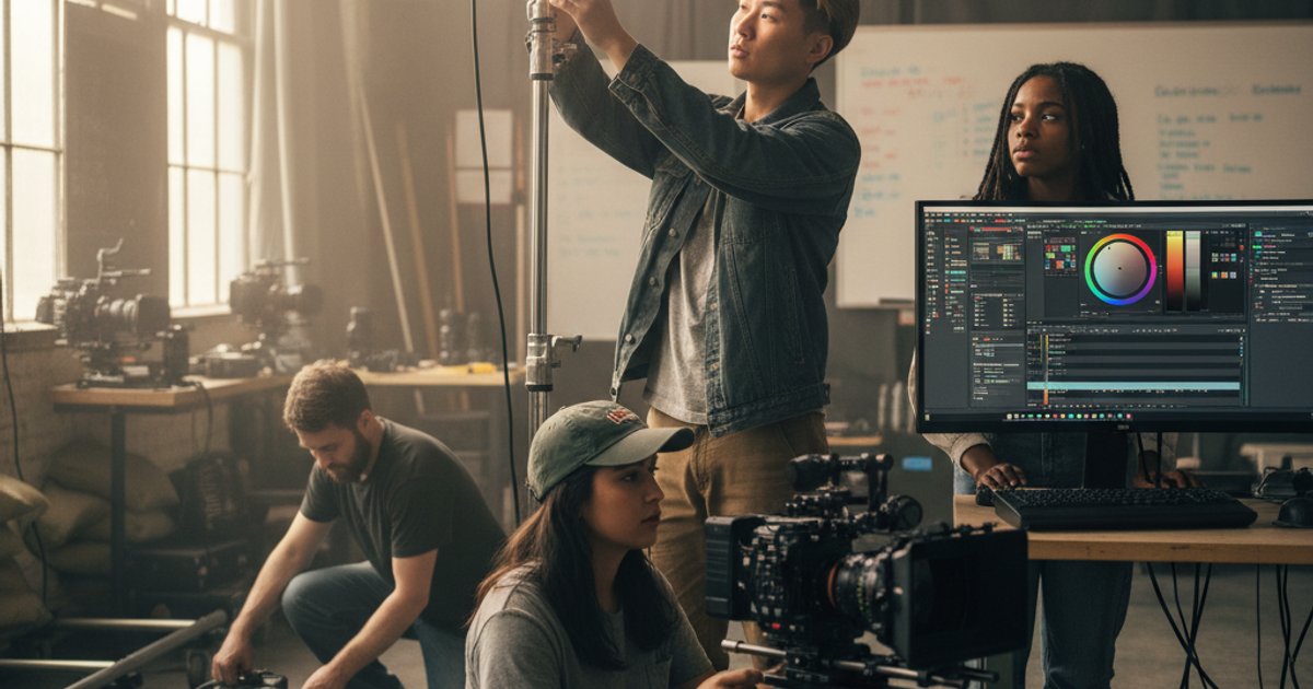 Film course students gaining practical experience with lighting, camera rigs, and color grading software in a studio workshop setting.