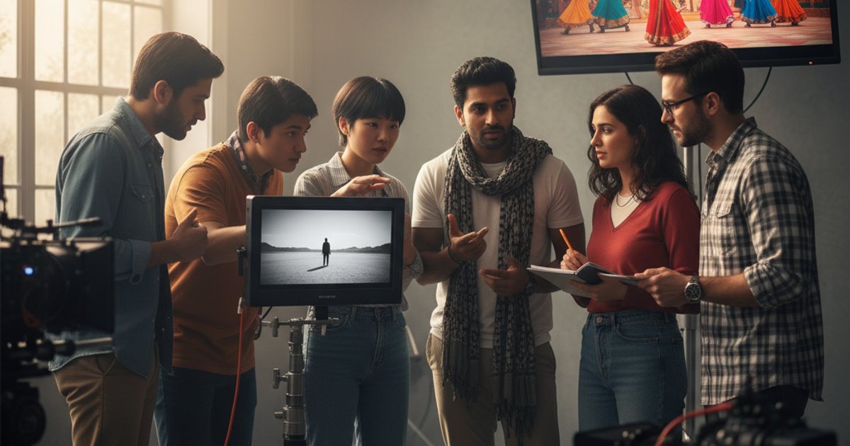Film students from around the world discussing diverse cinematography aesthetics in a film course