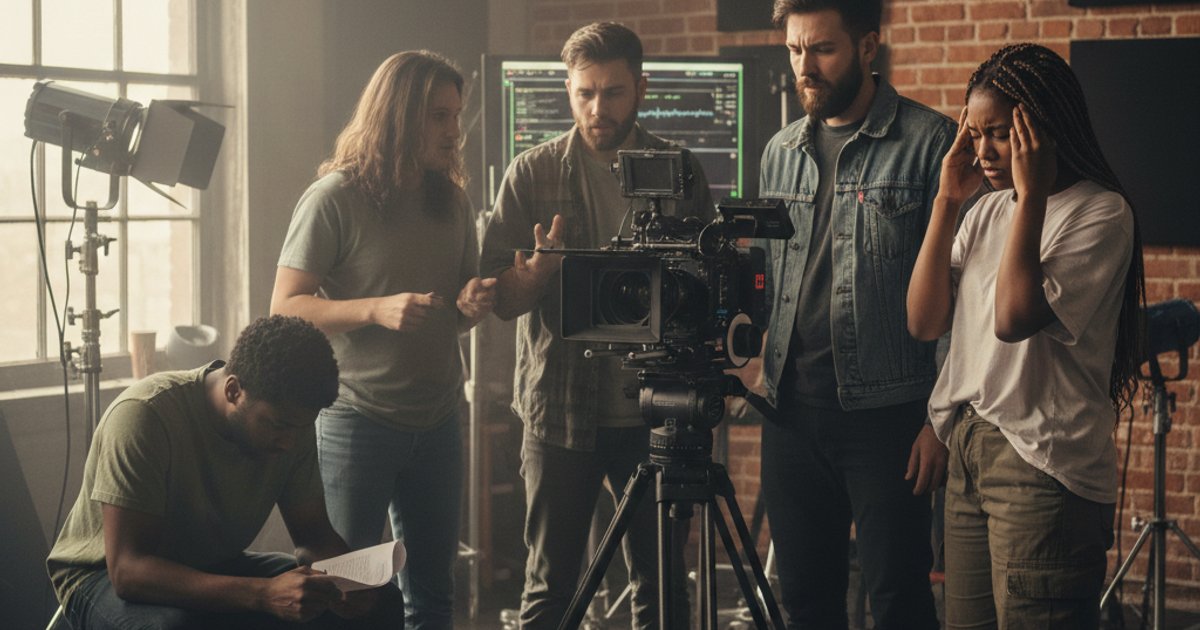 Film course students discussing on set, showing signs of stress and mental pressure