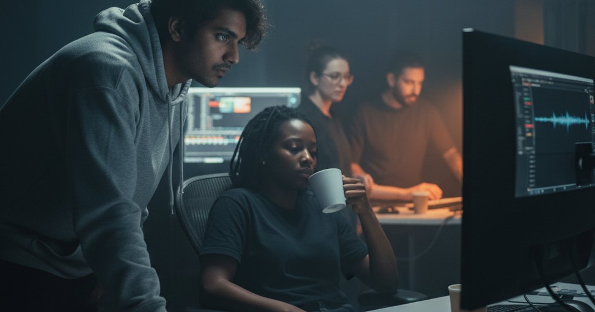 Cinematography course graduates working late in a post-production studio, highlighting industry demands