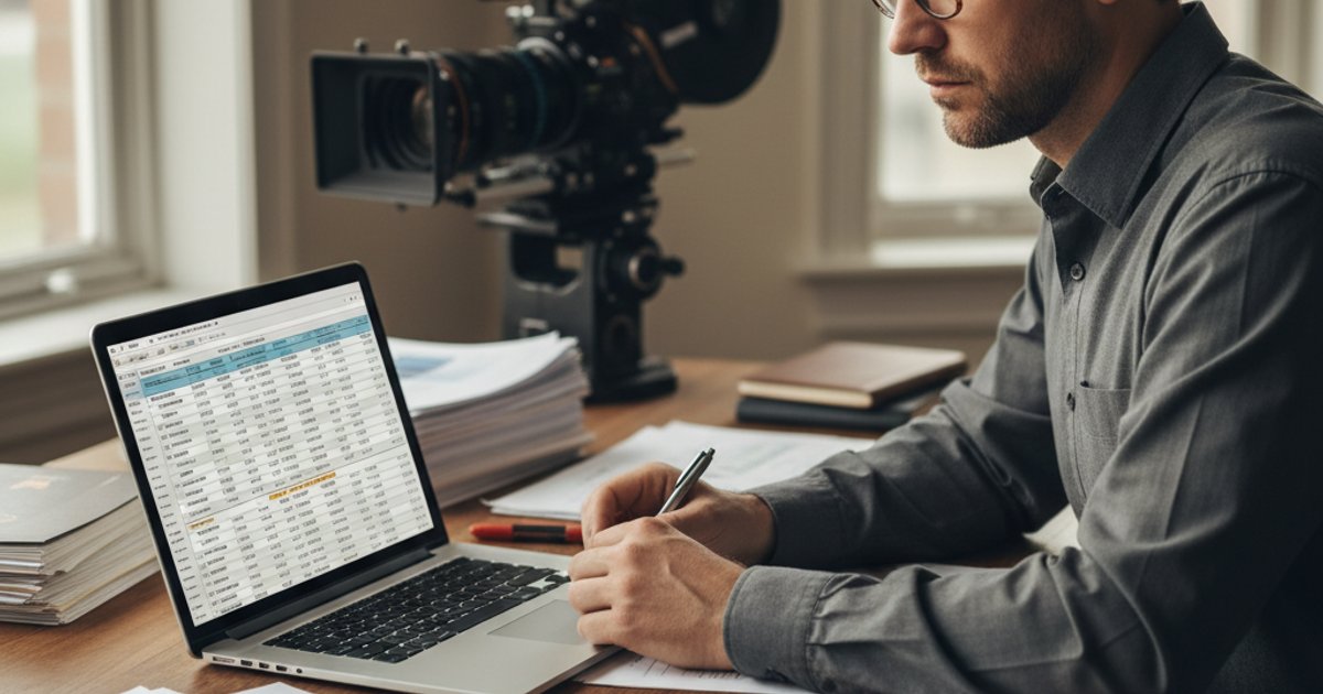 Cinematographer reviewing a film project budget and financial plan on a laptop