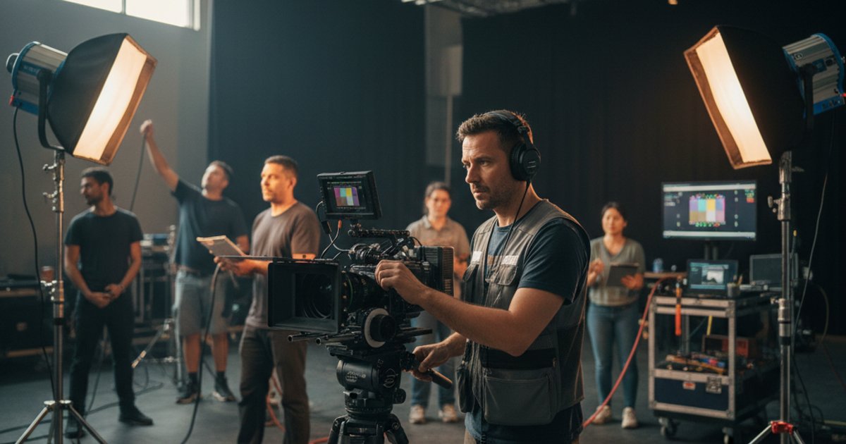 Cinematography course student operating professional camera equipment