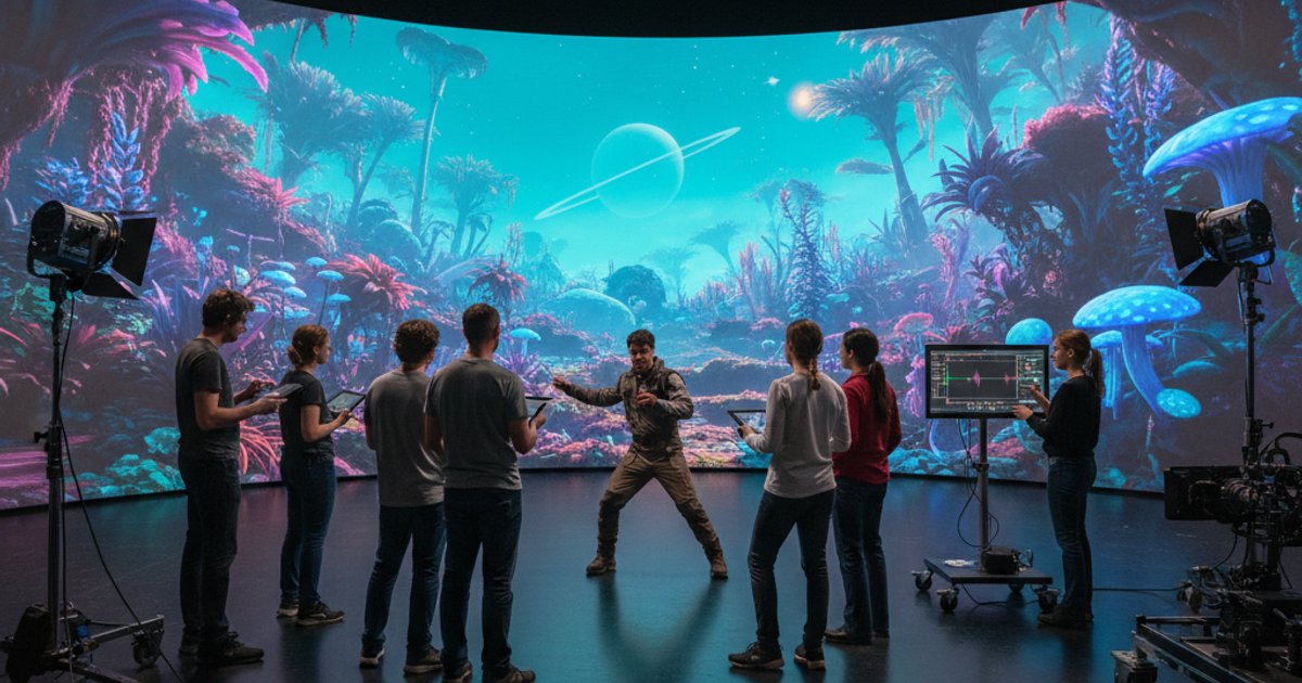 Film Course students learning on a virtual production stage with LED screens