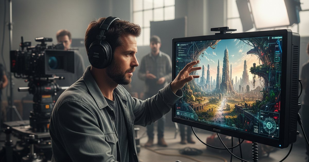 Cinematographer guiding AI-generated virtual production on set