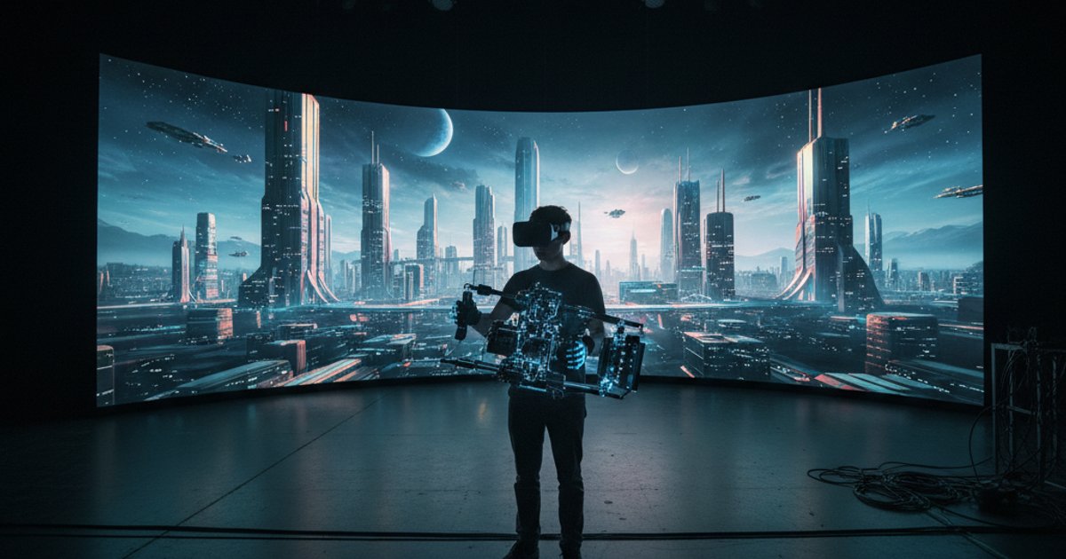 Film course student operating a virtual camera on an LED virtual production stage, learning modern cinematography techniques.