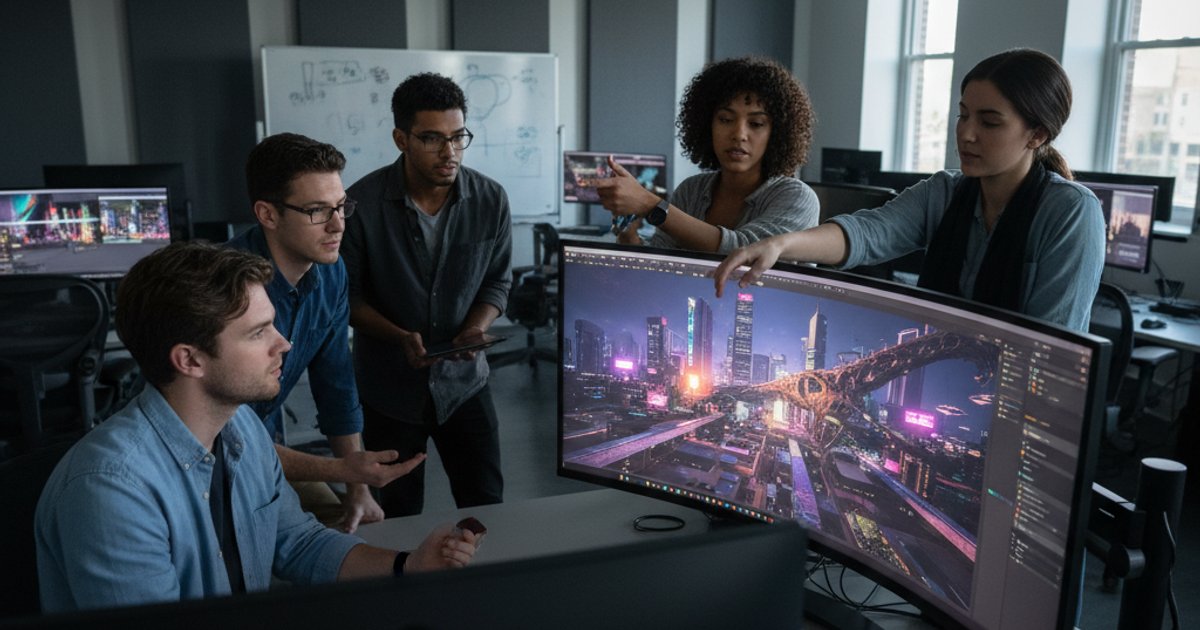 Students in a cinematography course collaborating on a game engine project, learning interactive storytelling and virtual production.