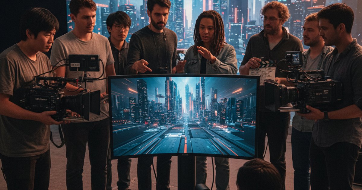 Diverse film students collaborating on a virtual production set with LED screen, learning cinematography courses