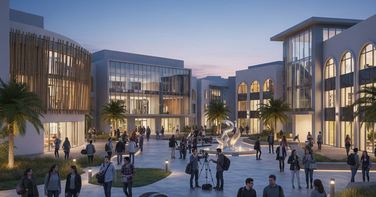 Modern film school campus with students, representing advanced film and cinematography courses