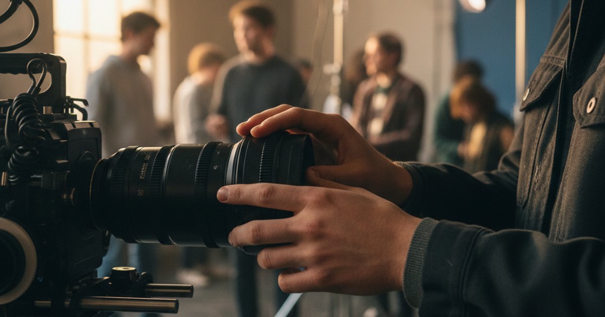 Film course student adjusting a cinema camera lens, learning cinematography skills