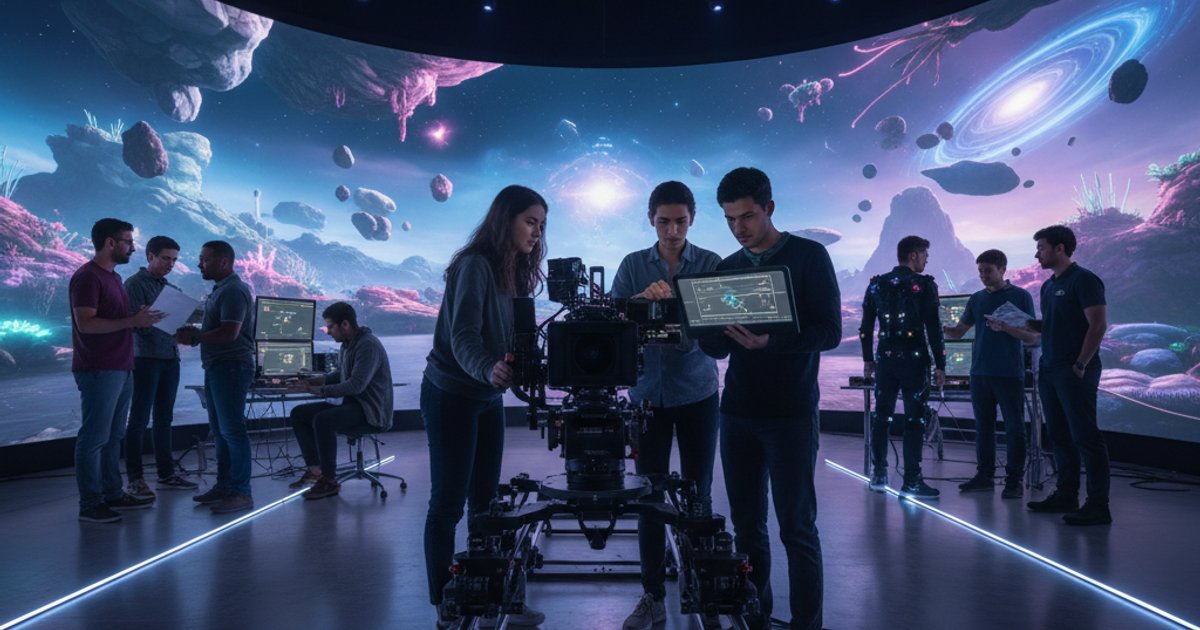 Film course graduates working on a virtual production set, demonstrating modern cinematography