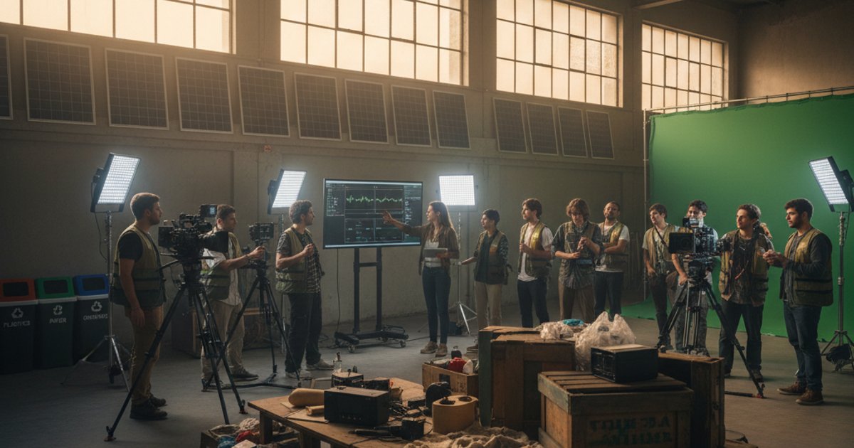 Film course students learning sustainable cinematography practices on an eco-friendly set