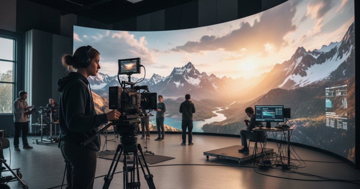 Cinematography course student utilizing virtual production technology for sustainable filmmaking