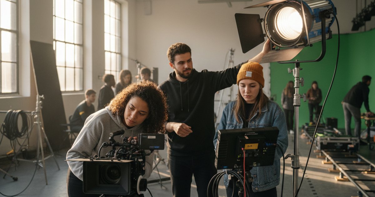 Diverse film making school students operating professional camera equipment on a set