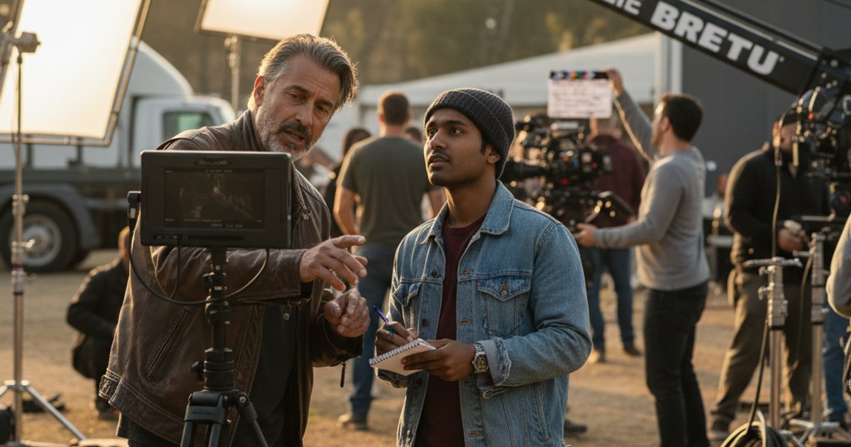 Experienced film director mentoring a film making school student on a set