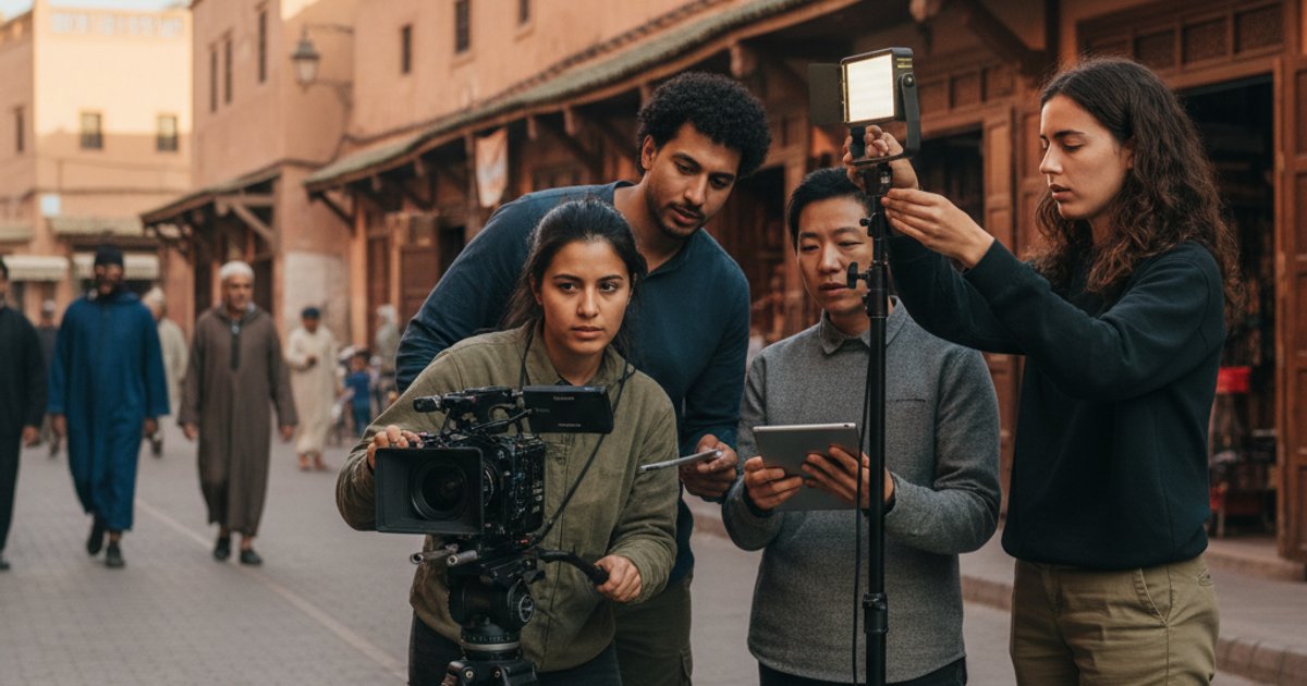 Film course graduates collaborating on a global production set, emphasizing efficient cinematography courses and diverse storytelling