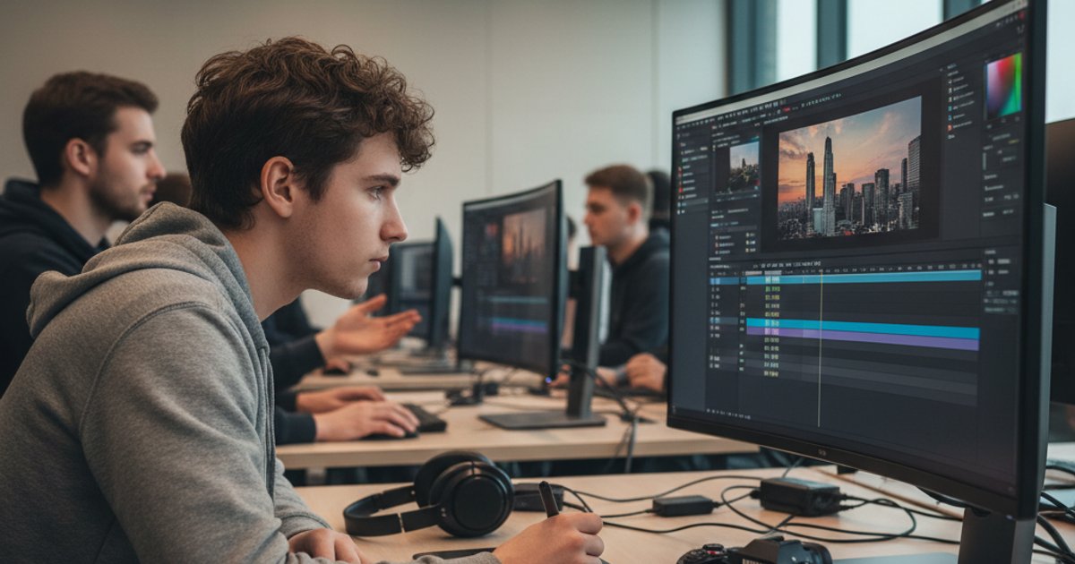 Student learning advanced post-production techniques in a modern film course, highlighting the evolution of cinematography courses
