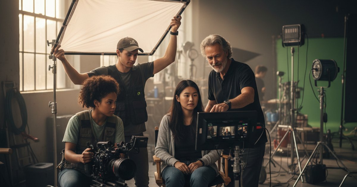 Film making school students gaining hands-on experience on a professional set