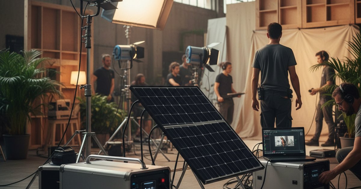 Film crew using green production technology on set, emphasizing sustainable film course practices