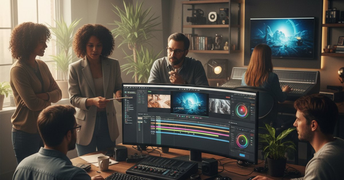 Diverse filmmakers collaborating in a modern editing suite, showcasing the creative ecosystem of a film making school