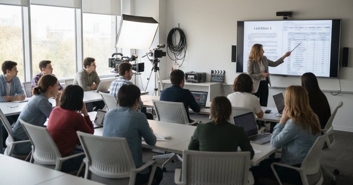 Film course students learning about legal and financial aspects of the film industry