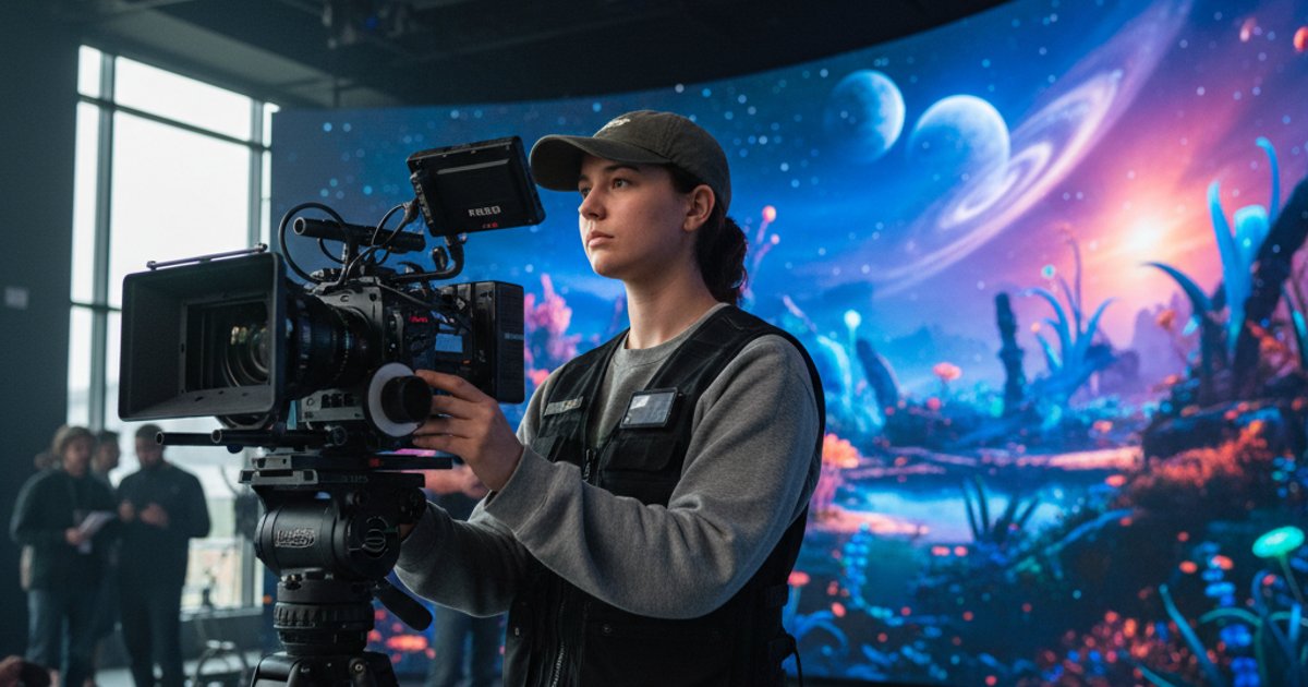 Cinematography course student using a cinema camera on a virtual production set