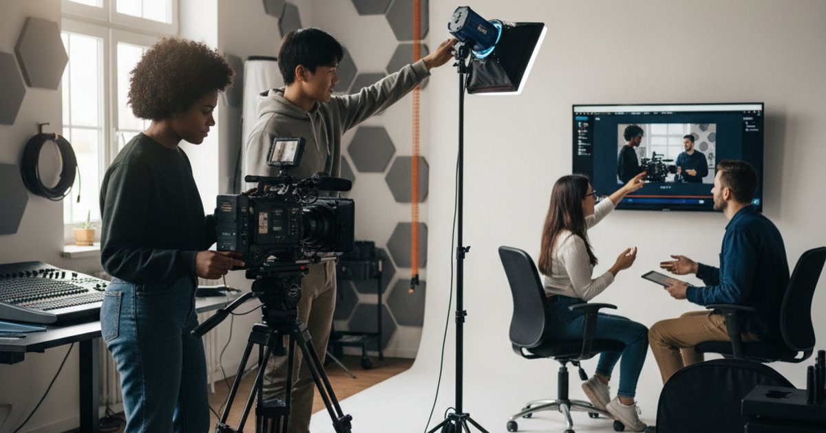 Students learning video production skills in a modern studio, focusing on long-term career growth