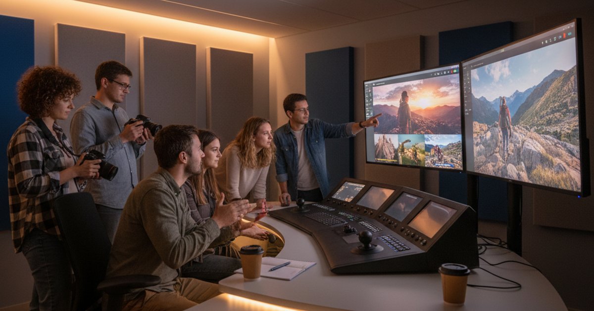 Students collaborating in a video production school editing suite, discussing project details and reviewing footage, highlighting the collaborative learning environment and networking benefits of video production school.