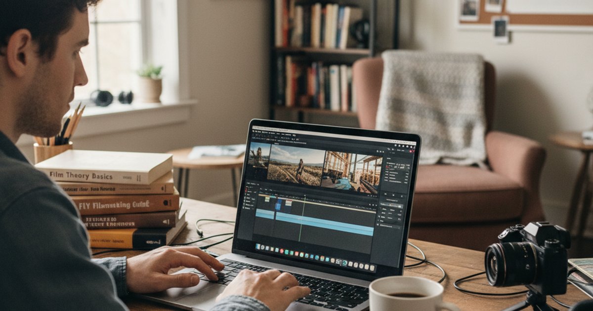 A person self-learning video editing on a laptop at home, illustrating an alternative to video production school and the importance of self-discipline for aspiring video professionals.