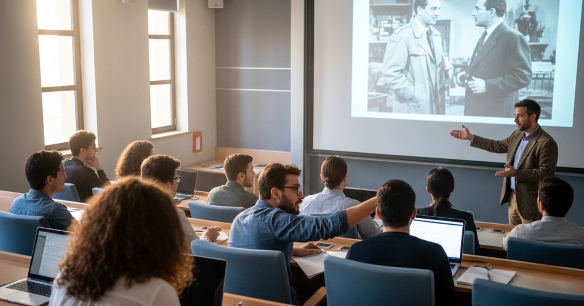 Film students discussing visual storytelling in a film course, highlighting the cultural impact of cinematography education.