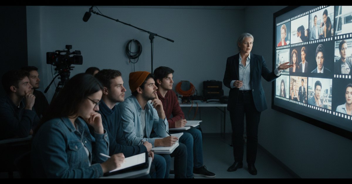 Film course students analyzing cinematic grammar and visual language on a projection screen
