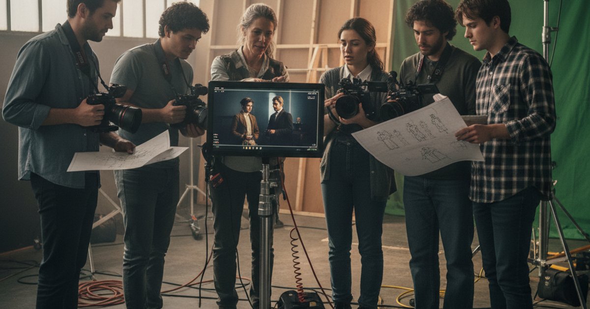 Film course students discussing cinematography with a mentor on set, analyzing visual composition and lighting.