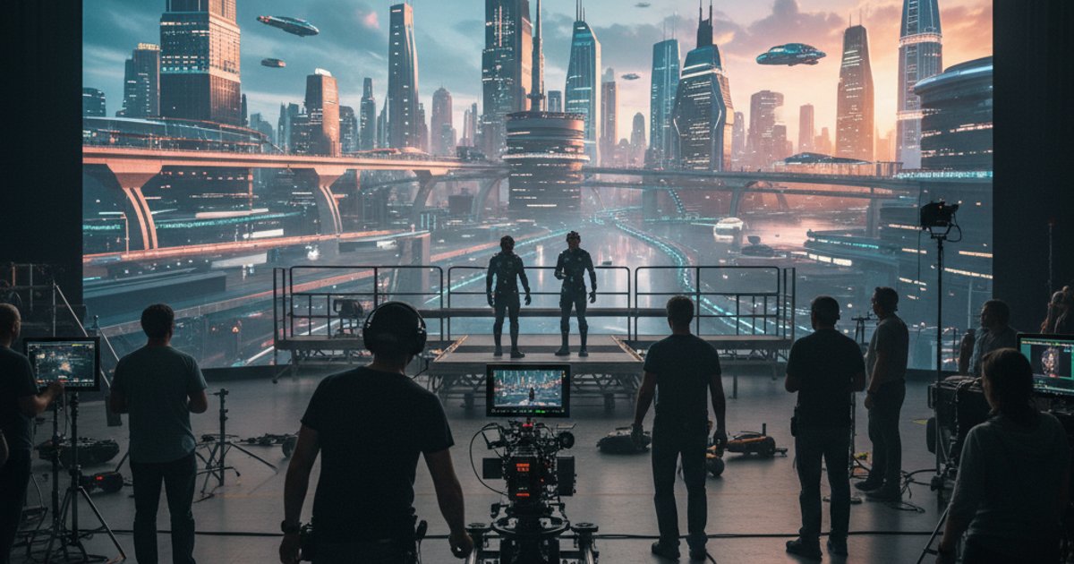 Cinematographer on a virtual production set, blending physical and digital elements in a modern film course context.