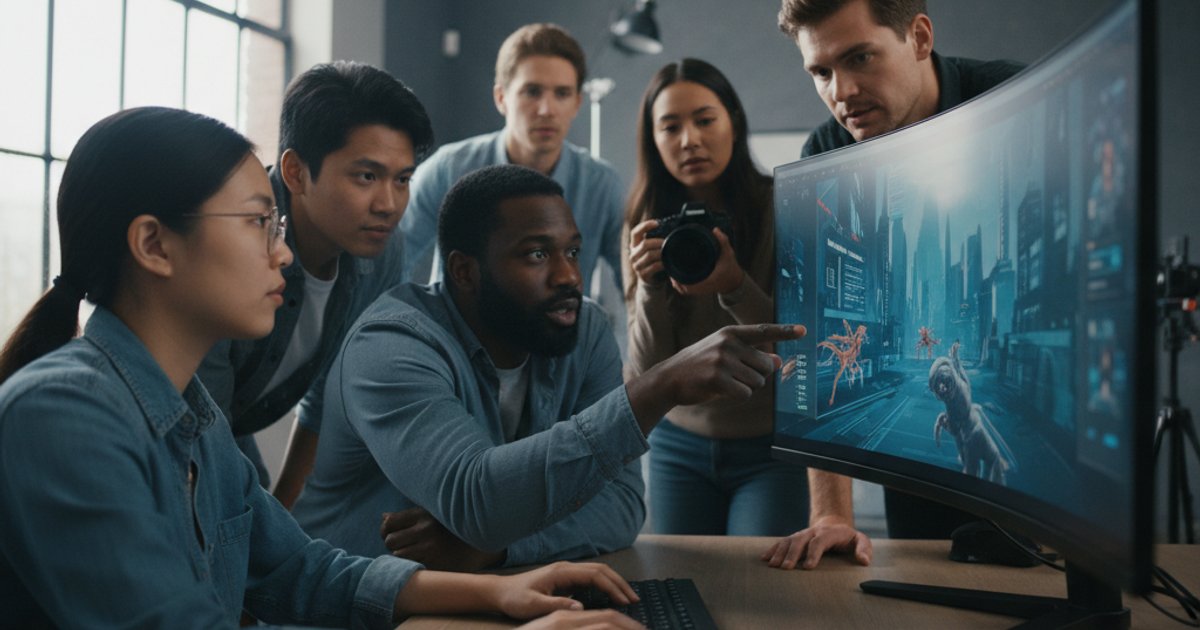 Film course students using AI for pre-visualization in a modern studio