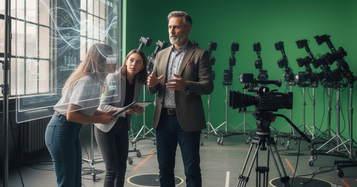 Professor teaching XR filmmaking techniques in a studio, demonstrating advanced cinematography courses.