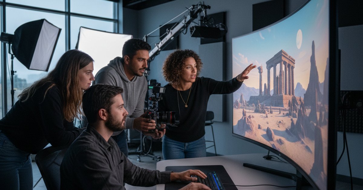 Film course students collaborating on a virtual production set, highlighting modern cinematography courses