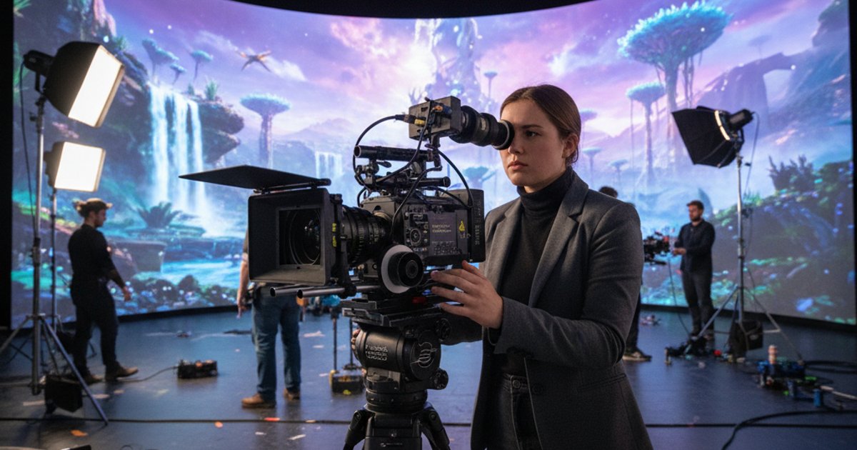 Cinematography course student using a digital camera on a virtual production set with an LED wall