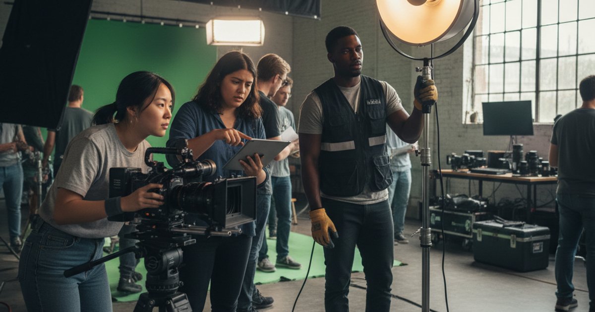 Students in a film course collaborating on a set, learning practical cinematography skills